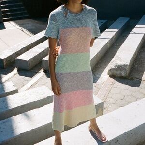YanYan Knits Rainbow Two Tone Stripe Knit Midi Dress Short Sleeve Crewneck M